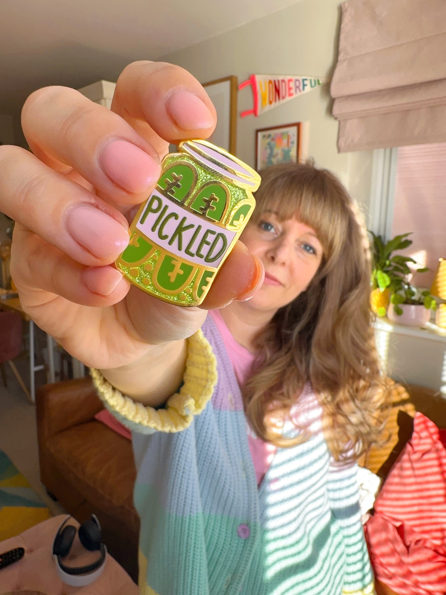 Pickled glitter enamel pin