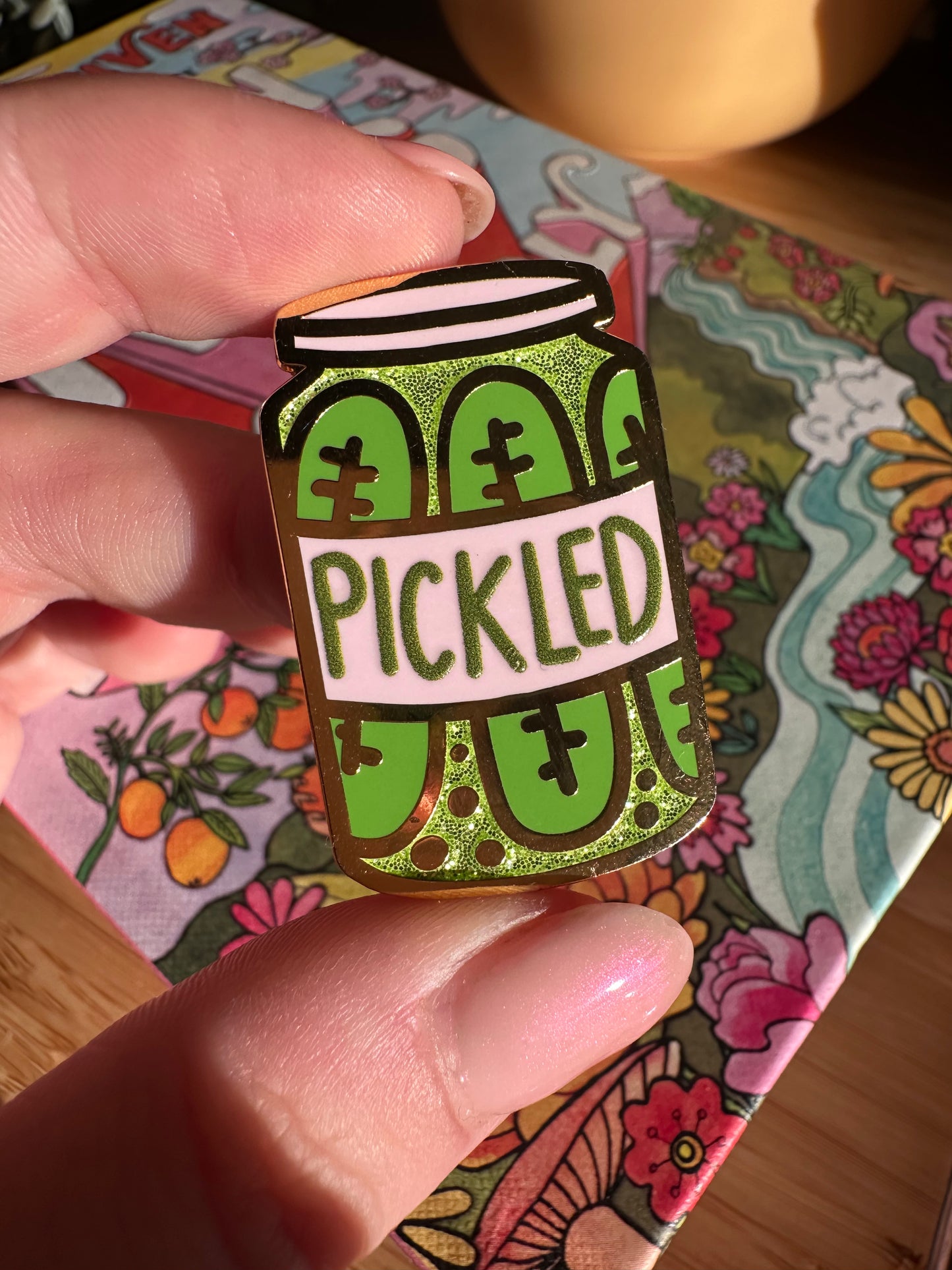 Pickled glitter enamel pin
