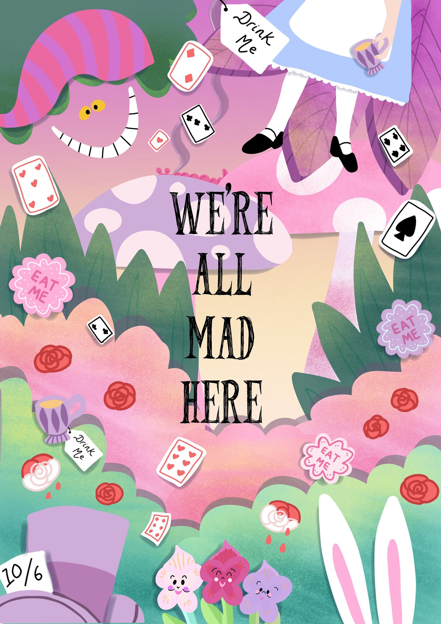 Alice in Wonderland artwork print -we're all mad here -Alice in wonderland - quote print - colourful illustration - cute wall art