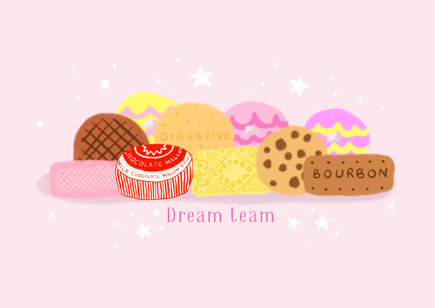 Biscuit dream team print -biscuit print - biscuit illustration - colourful illustration - cute wall art A3 prints | A4 prints | 5x7 prints