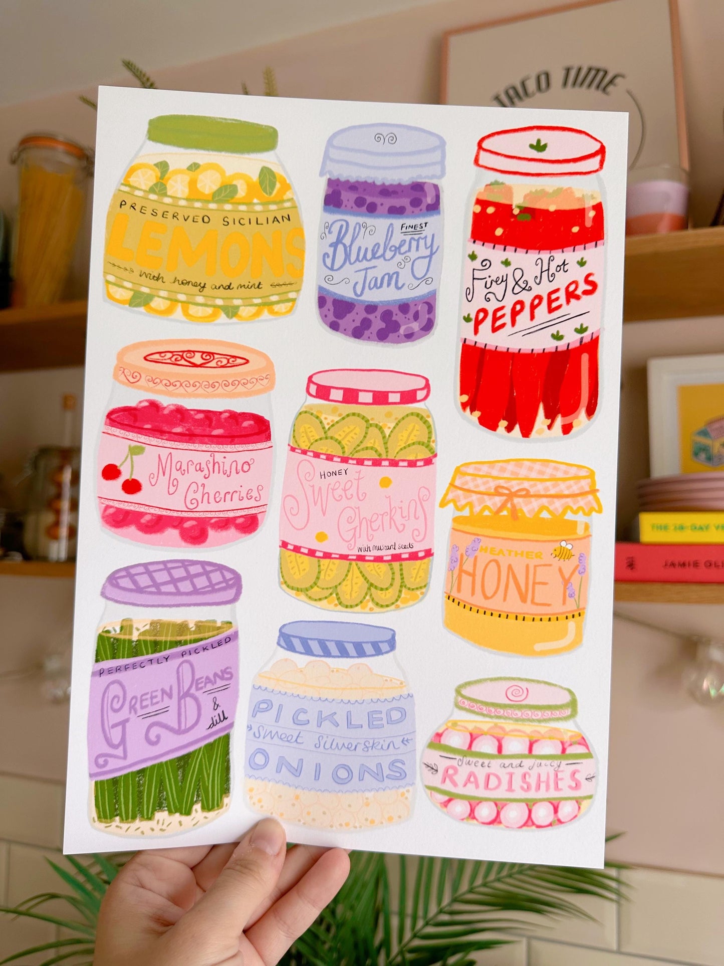 Colourful food jars artwork print - kitchen print - kitchen art - cute print -cosy home print - colourful print - colourful wall art