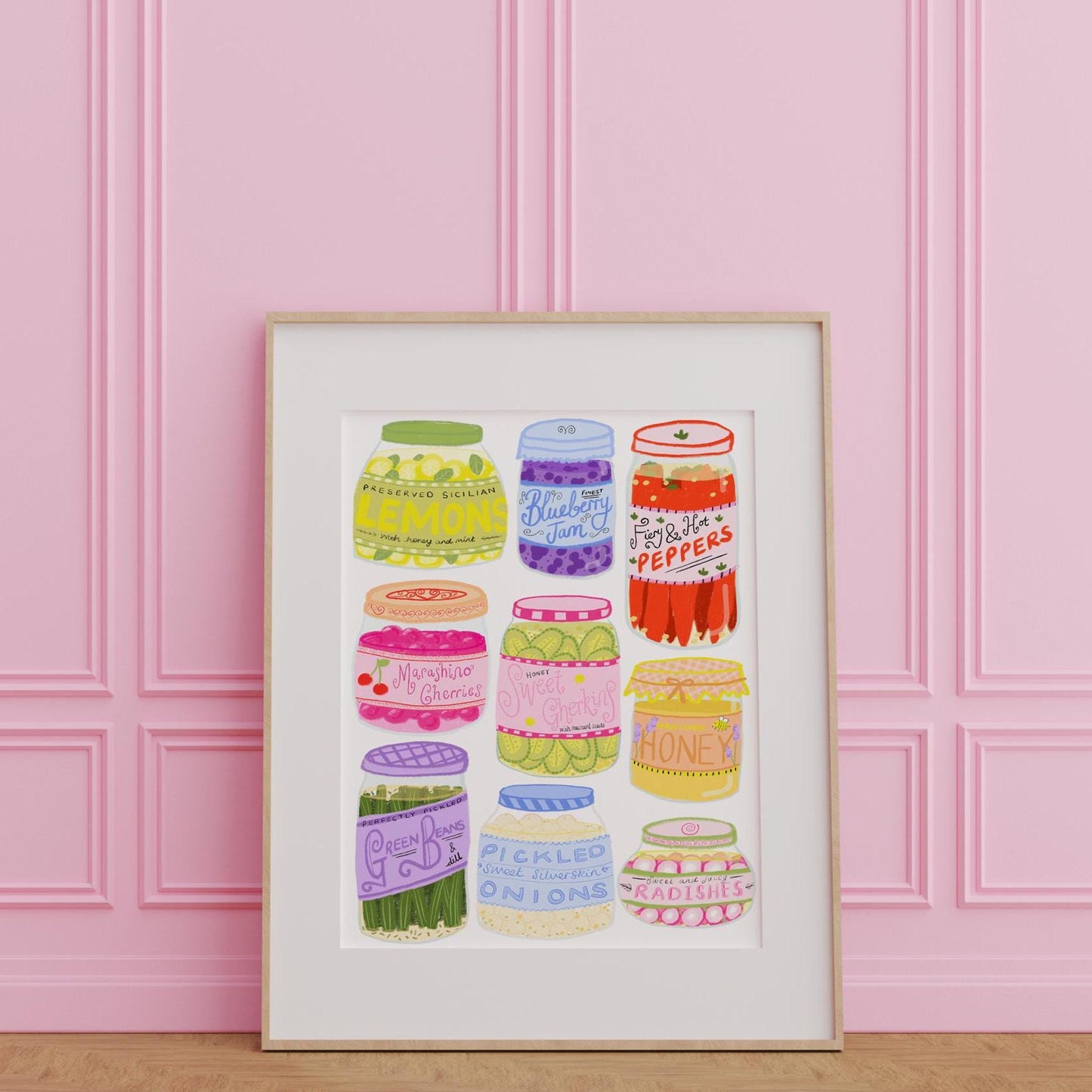 Colourful food jars artwork print - kitchen print - kitchen art - cute print -cosy home print - colourful print - colourful wall art