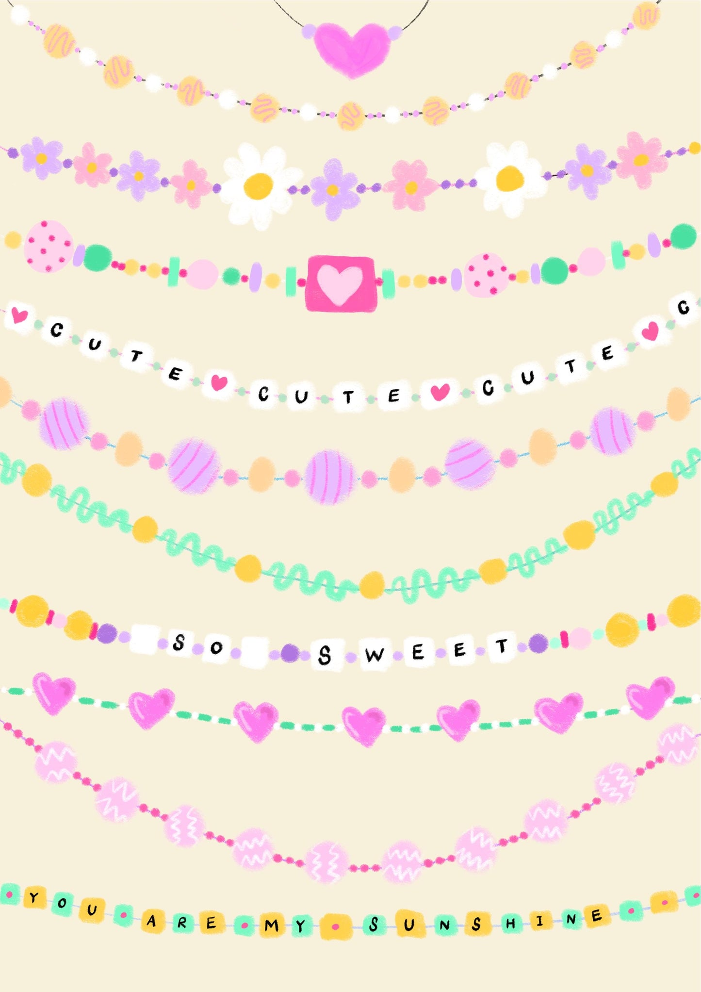 Charm necklace artwork print - 80's 90's print - retro art - cute print - quote print - colourful print - colourful wall art