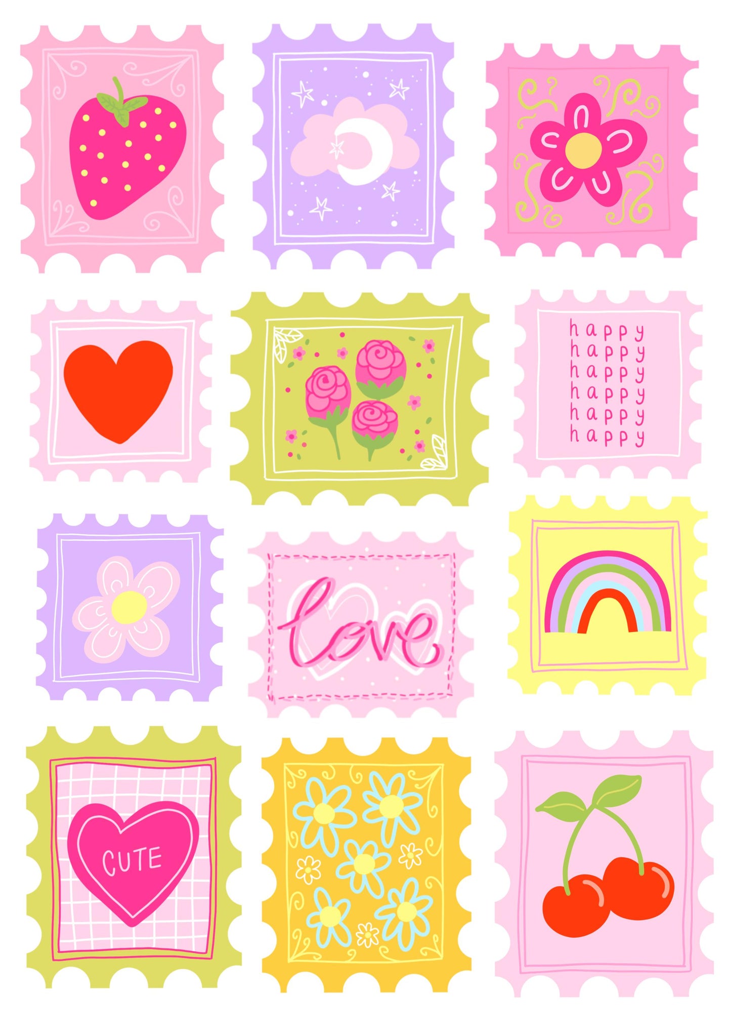 Cute stamp collection artwork print - 80's 90's print - retro art - cute print - quote print - colourful print - colourful wall art