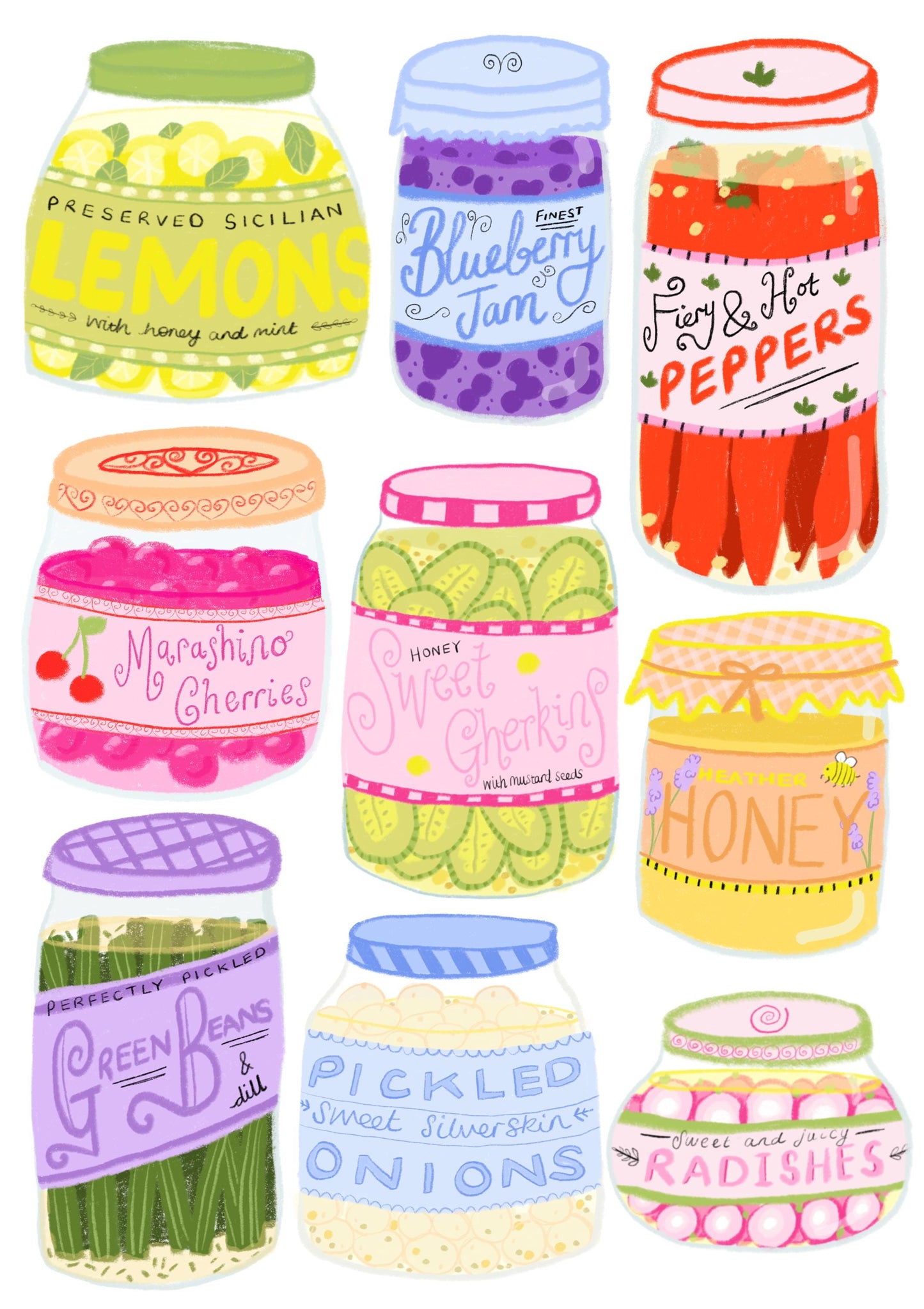 Colourful food jars artwork print - kitchen print - kitchen art - cute print -cosy home print - colourful print - colourful wall art