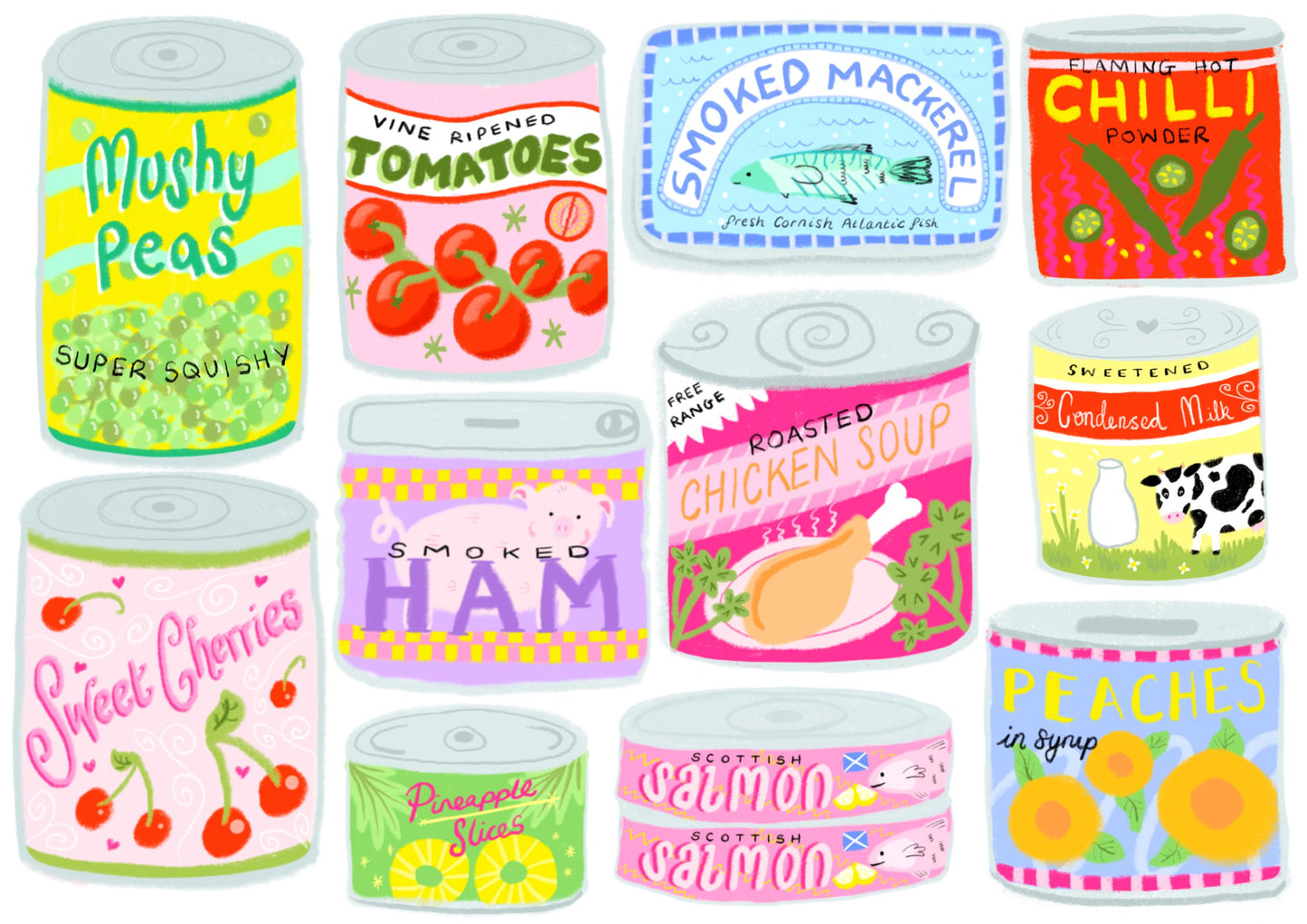 Pantry illustrated tins artwork print -vintage tins print - kitchen art - kitchen print - quote print - colourful kitchen wall art