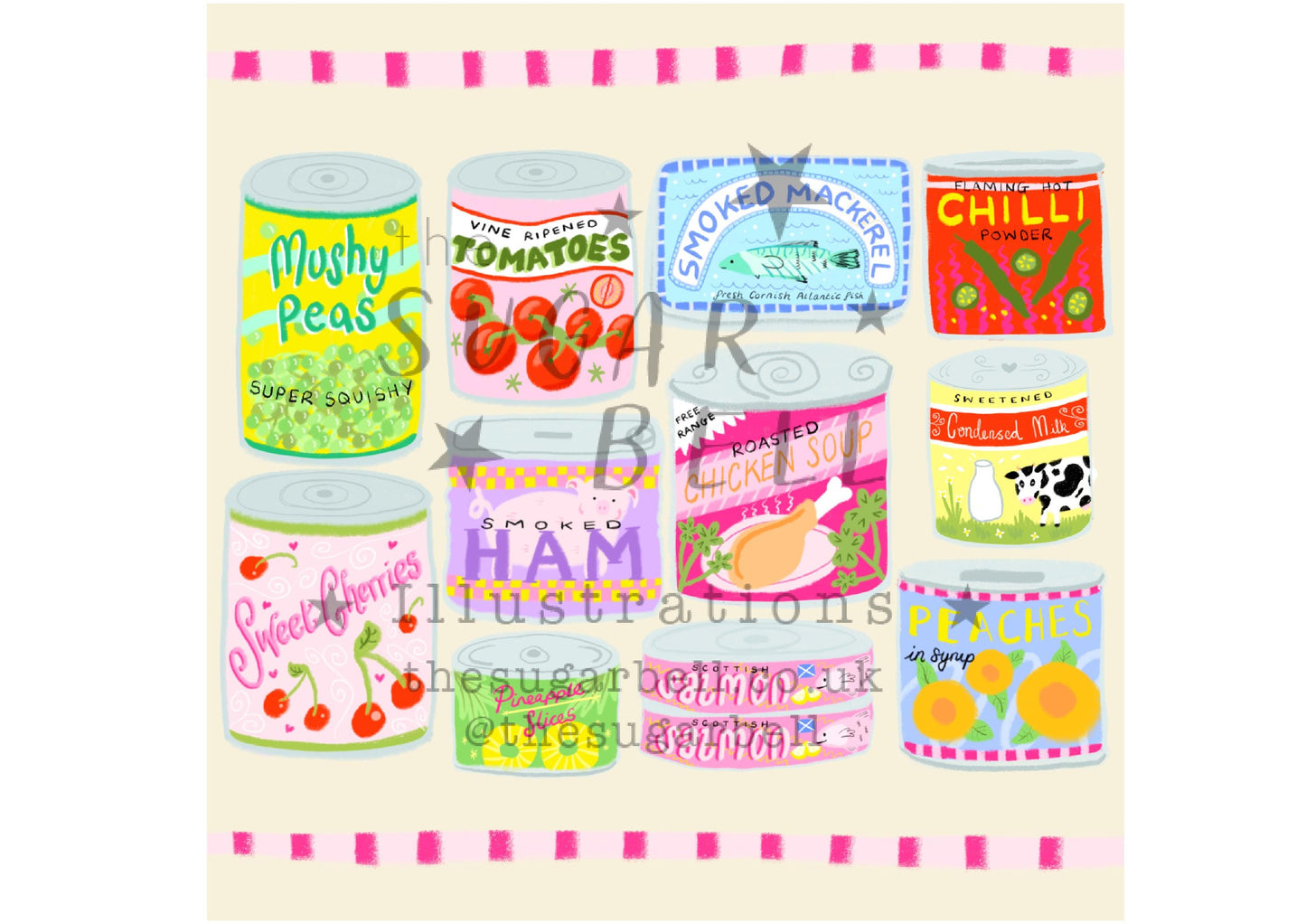 Illustrated food tins print - kitchen art - kitchen print - kitchen wall art - 6x6 prints | 5x5 prints