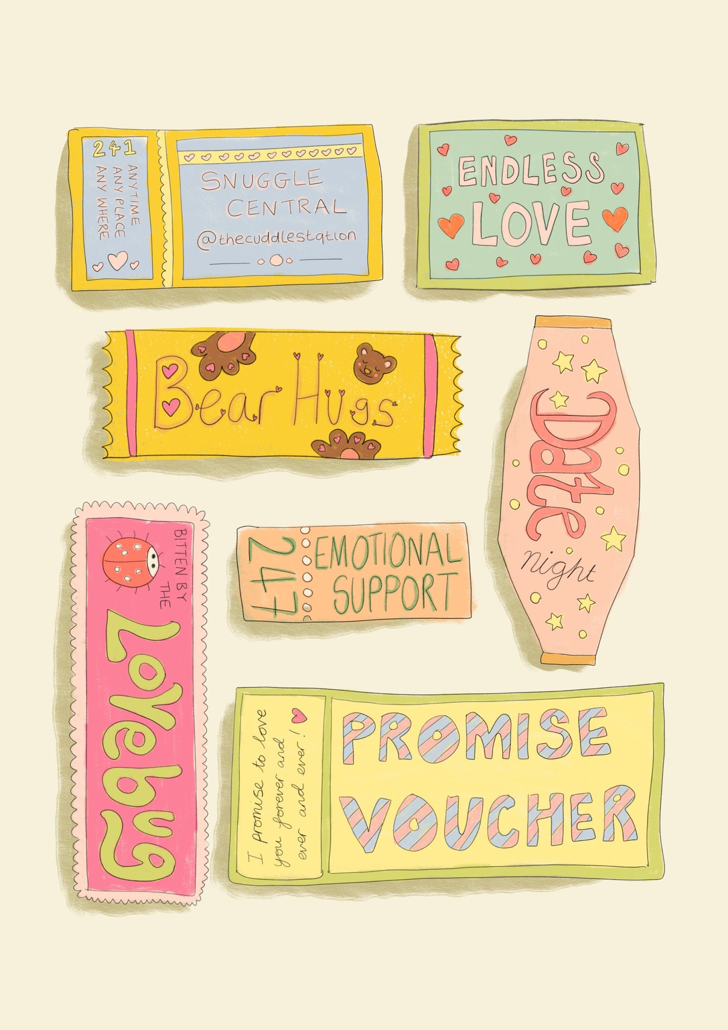 Love tokens print - love token gift - positive wall art - positive gifts - positive affirmations - couples gifts - tickets vintage